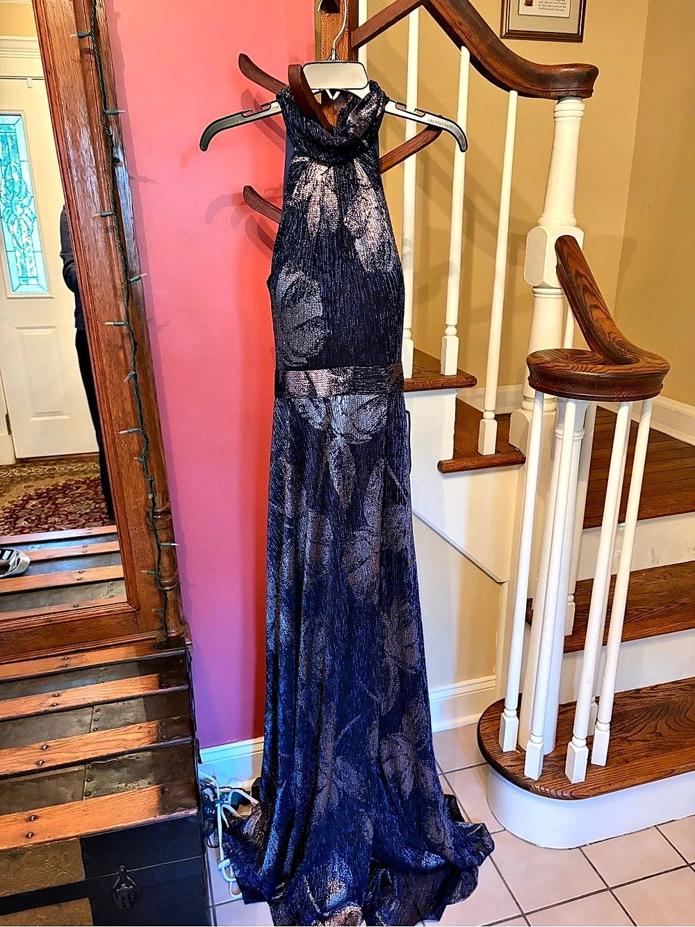 NWT Betsy and Adam Navy Print Foil Halter Gown Maxi Dress Blue